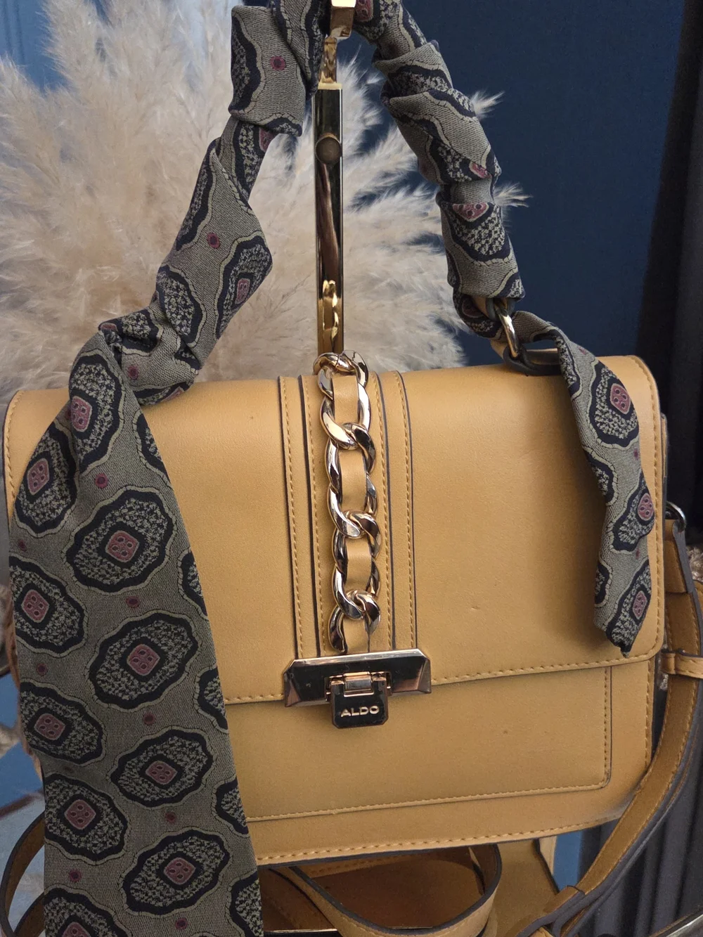 ALDO Mustard Gold Chain Structured Satchel Crossbody Shoulder Bag + Scarf